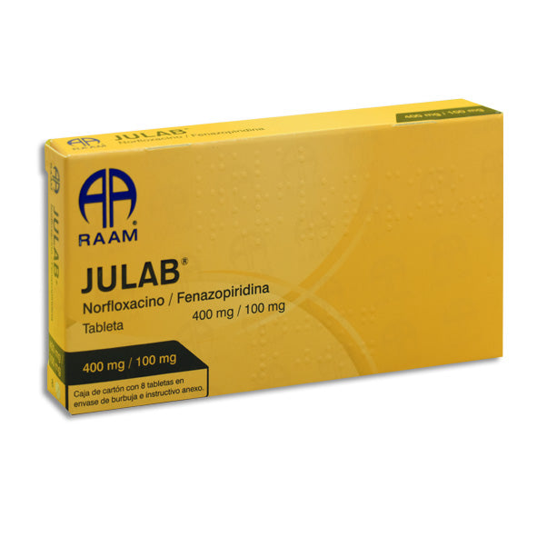 JULAB 100 mg/400 mg fenazopiridina, norfloxacino, 8 tabletas